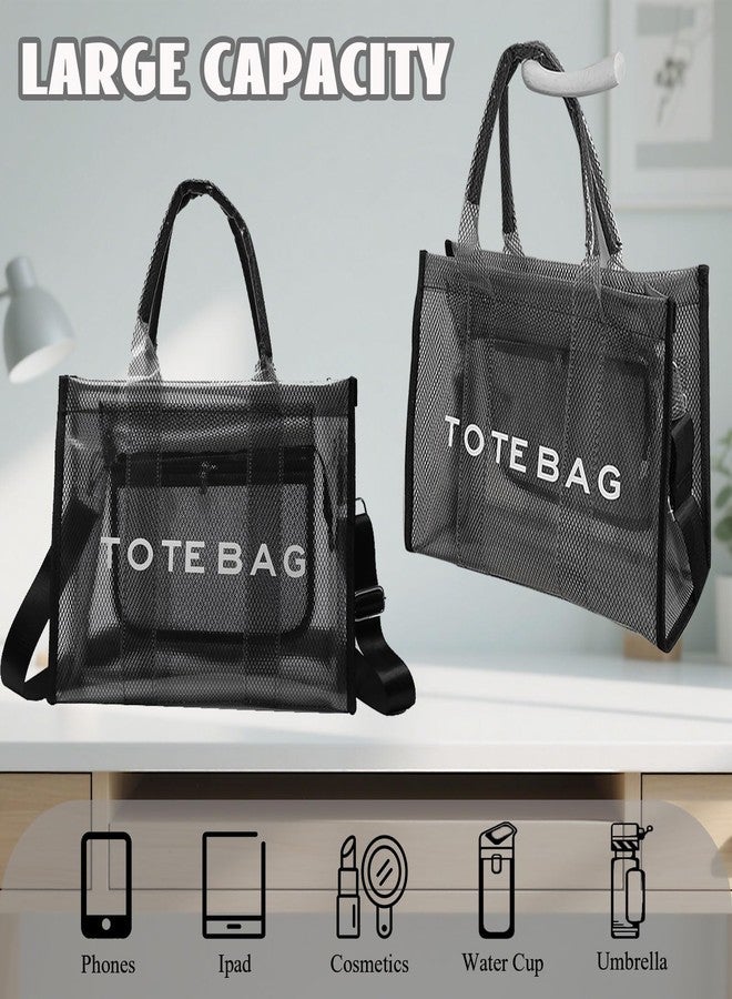 WREWING Clear Tote Bag for Women, Large Mesh Beach Bag, PVC Clear Crossbody Bags with Zipper, Stadium Bag for Travel Sports (Black) - Image 3